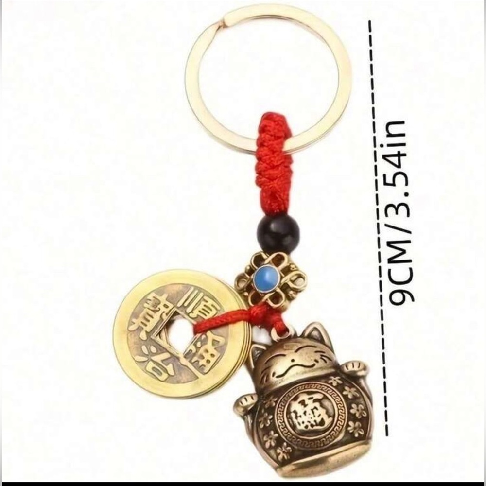 Vintage Copper Lucky Cat Keychain With Five Emperors Coins – Wealth-Feng Shui - Picture 4 of 4